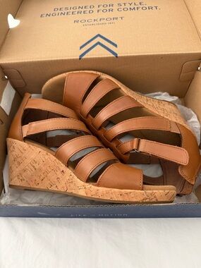 Rockport Women's Brown Leather Cork Wedge Sandals